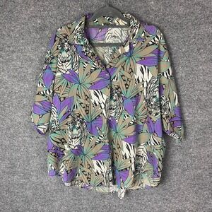 Vintage Ms Caribou Tiger animal Floral Print Button Up Shirt Women size XL